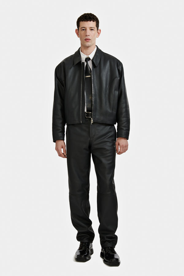 BLOUSON PADDÉ EN CUIR GRAINÉ NOIR